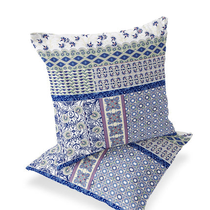 Set of Two White Pink And Blue Floral Indoor Outdoor Throw Pillow