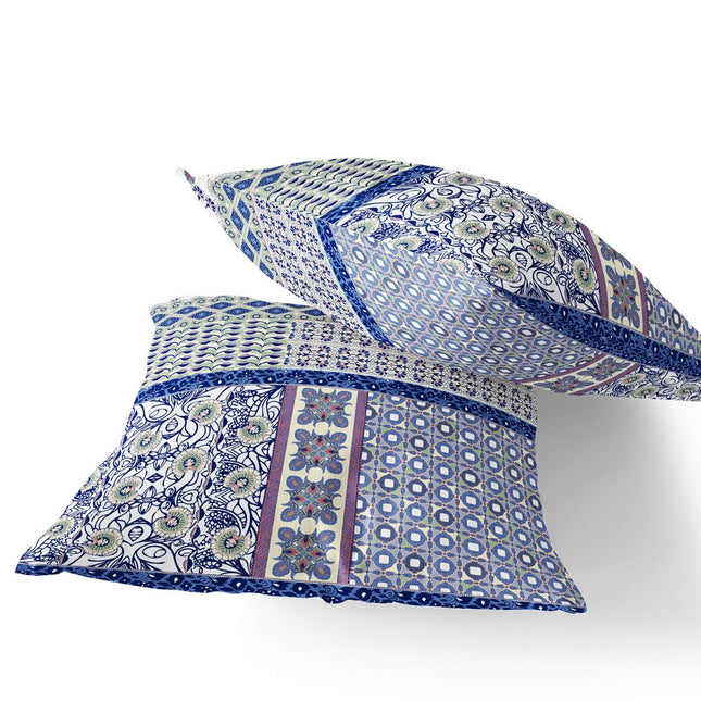 Set of Two White Pink And Blue Floral Indoor Outdoor Throw Pillow
