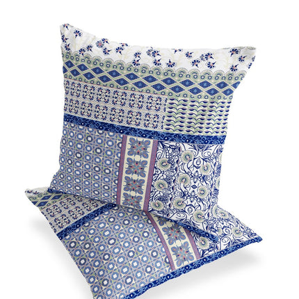 Set of Two White Pink And Blue Floral Indoor Outdoor Throw Pillow