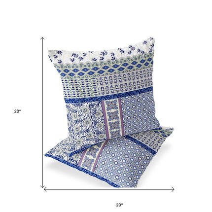 Set of Two White Pink And Blue Floral Indoor Outdoor Throw Pillow