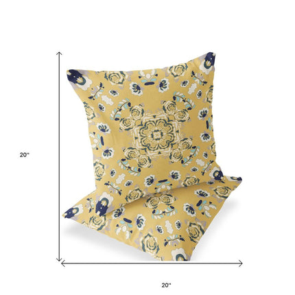 Set of Two Yellow And Blue Botanical Indoor Outdoor Throw Pillow