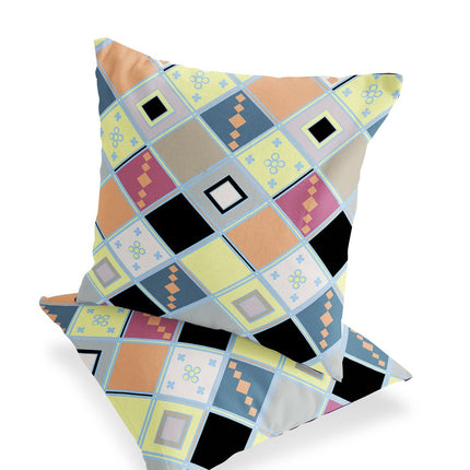 Set of Two Yellow And Pink Diamond Indoor Outdoor Throw Pillow