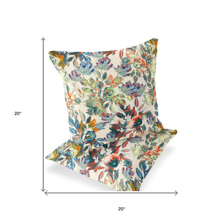 Set of Two White Yellow And Green Floral Indoor Outdoor Throw Pillow