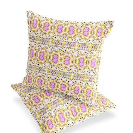 Set of Two Yellow And Pink Floral Indoor Outdoor Throw Pillow