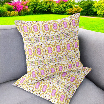 Set of Two Yellow And Pink Floral Indoor Outdoor Throw Pillow
