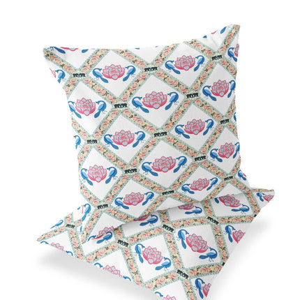 Set of Two White Blue And Gray Floral Indoor Outdoor Throw Pillow