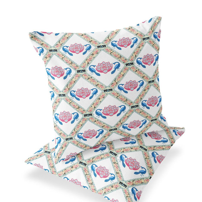 Set of Two White Blue And Gray Floral Indoor Outdoor Throw Pillow