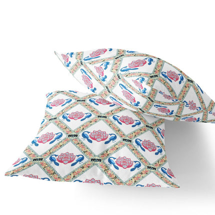 Set of Two White Blue And Gray Floral Indoor Outdoor Throw Pillow