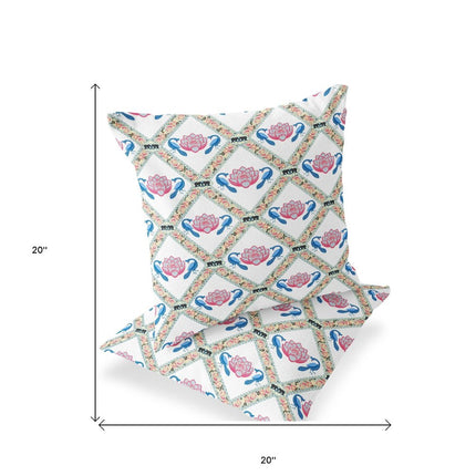Set of Two White Blue And Gray Floral Indoor Outdoor Throw Pillow