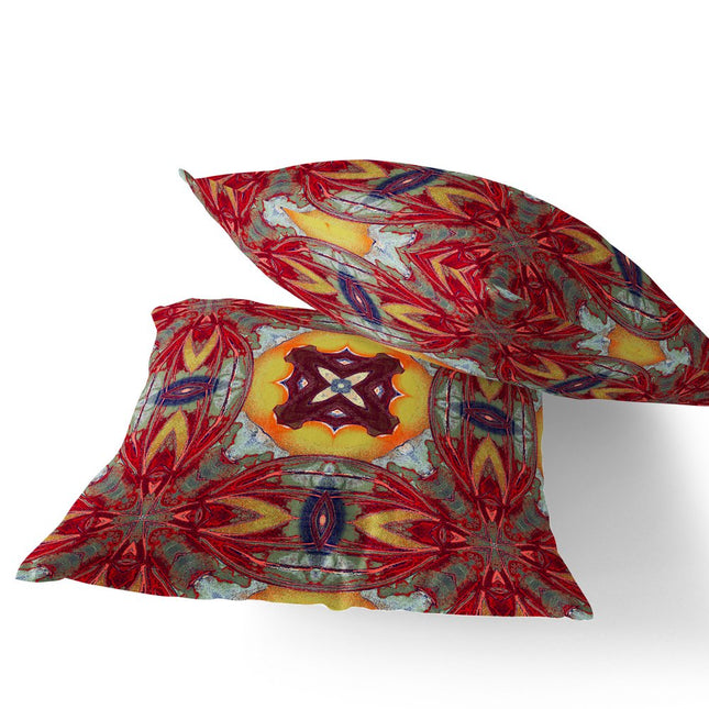 Set of Two Yellow Red Magenta And Green Floral Indoor Outdoor Throw Pillow