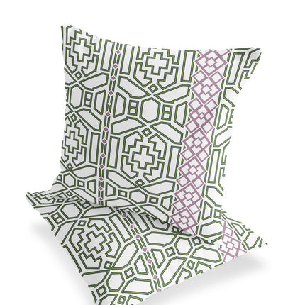Set of Two White Purple And Light Green Geometric Indoor Outdoor Throw Pillow