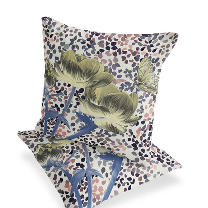 Set of Two Yellow Blue And Peach Floral Indoor Outdoor Throw Pillow
