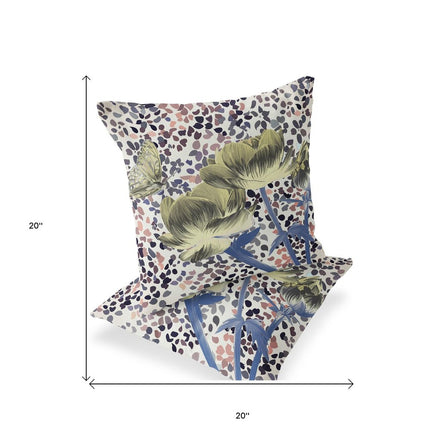 Set of Two Yellow Blue And Peach Floral Indoor Outdoor Throw Pillow