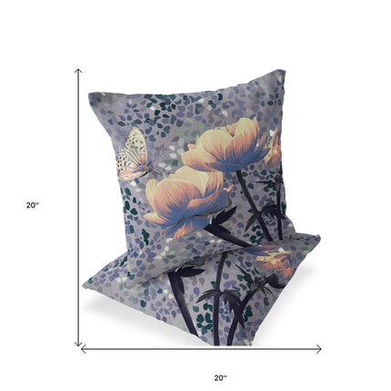 Set of Two Yellow Black And Gray Floral Indoor Outdoor Throw Pillow