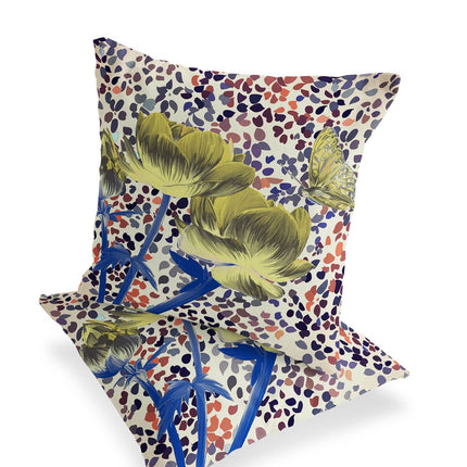 Set of Two Yellow Blue Orange And Cream Floral Indoor Outdoor Throw Pillow