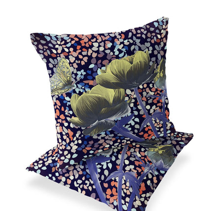 Set of Two Yellow Dark Green And Purple Floral Indoor Outdoor Throw Pillow