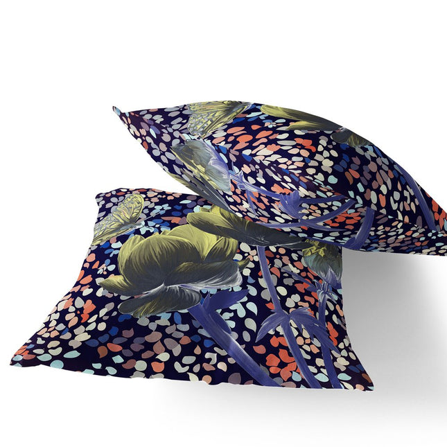 Set of Two Yellow Dark Green And Purple Floral Indoor Outdoor Throw Pillow
