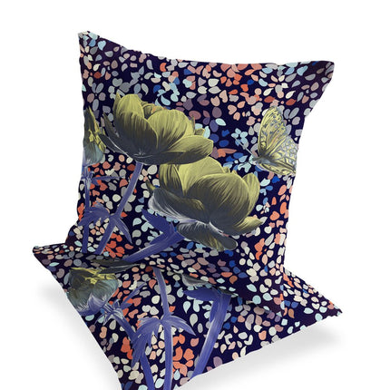 Set of Two Yellow Dark Green And Purple Floral Indoor Outdoor Throw Pillow