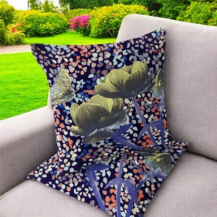 Set of Two Yellow Dark Green And Purple Floral Indoor Outdoor Throw Pillow