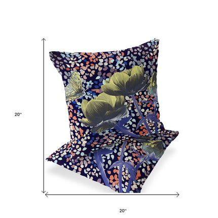 Set of Two Yellow Dark Green And Purple Floral Indoor Outdoor Throw Pillow