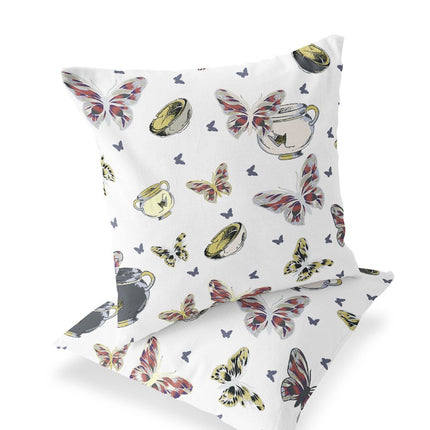 Set of Two White Green And Brown Butterfly Indoor Outdoor Throw Pillow