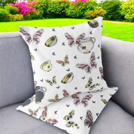 Set of Two White Green And Brown Butterfly Indoor Outdoor Throw Pillow