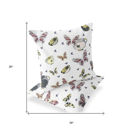 Set of Two White Green And Brown Butterfly Indoor Outdoor Throw Pillow