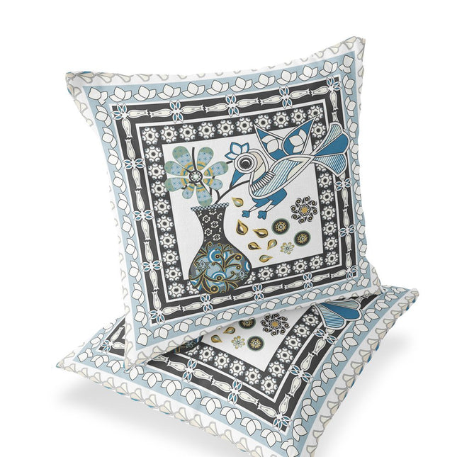Set of Two White Black And Blue Peacock Indoor Outdoor Throw Pillow