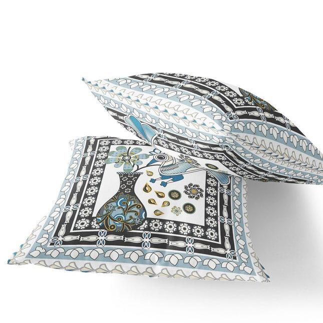 Set of Two White Black And Blue Peacock Indoor Outdoor Throw Pillow