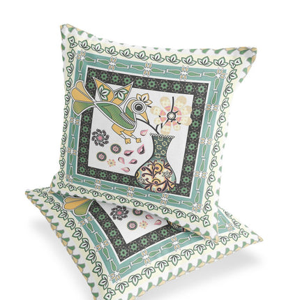 Set of Two White Black Yellow And Green Peacock Indoor Outdoor Throw Pillow