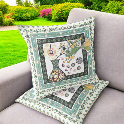 Set of Two White Black Yellow And Green Peacock Indoor Outdoor Throw Pillow