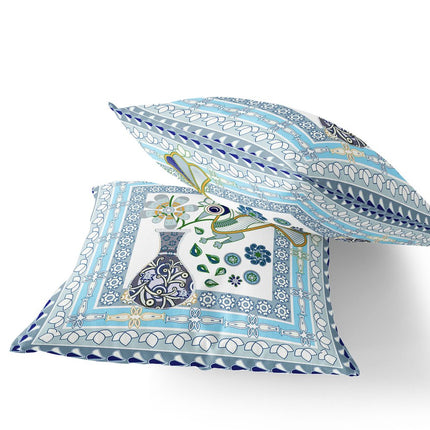 Set of Two White Gold And Gray Peacock Indoor Outdoor Throw Pillow