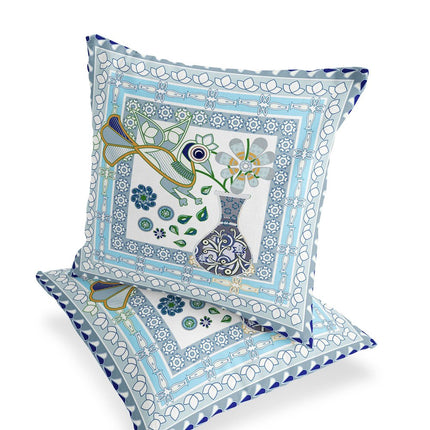 Set of Two White Gold And Gray Peacock Indoor Outdoor Throw Pillow