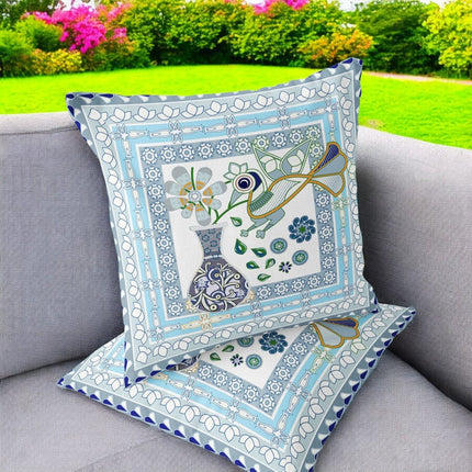 Set of Two White Gold And Gray Peacock Indoor Outdoor Throw Pillow