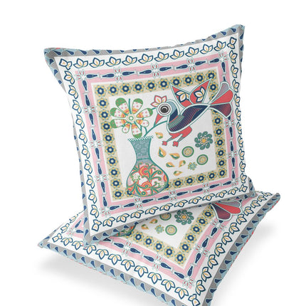Set of Two White Pink And Gray Peacock Indoor Outdoor Throw Pillow