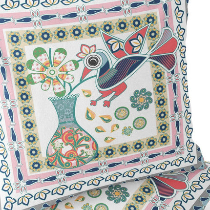 Set of Two White Pink And Gray Peacock Indoor Outdoor Throw Pillow