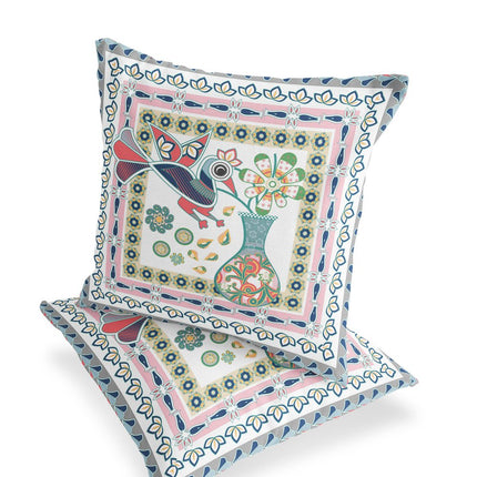 Set of Two White Pink And Gray Peacock Indoor Outdoor Throw Pillow