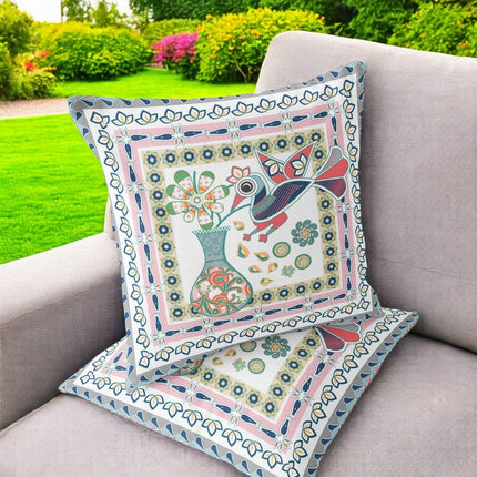 Set of Two White Pink And Gray Peacock Indoor Outdoor Throw Pillow