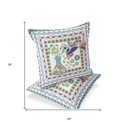 Set of Two White Pink And Gray Peacock Indoor Outdoor Throw Pillow