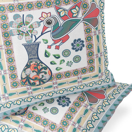Set of Two White Pink And Light Blue Peacock Indoor Outdoor Throw Pillow