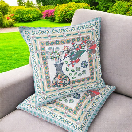 Set of Two White Pink And Light Blue Peacock Indoor Outdoor Throw Pillow