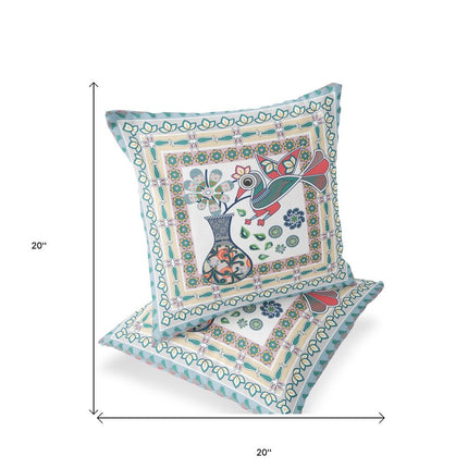Set of Two White Pink And Light Blue Peacock Indoor Outdoor Throw Pillow