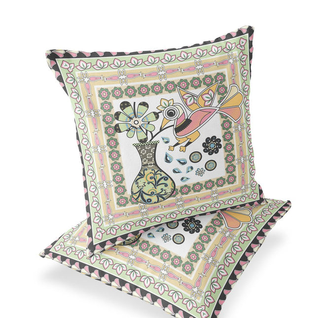 Set of Two White Pink And Light Green Peacock Indoor Outdoor Throw Pillow