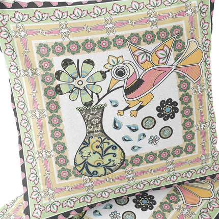Set of Two White Pink And Light Green Peacock Indoor Outdoor Throw Pillow
