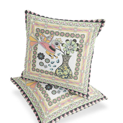 Set of Two White Pink And Light Green Peacock Indoor Outdoor Throw Pillow