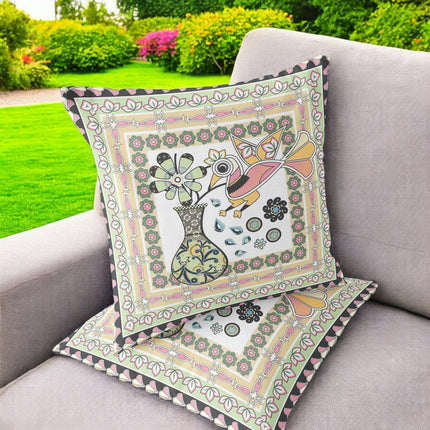 Set of Two White Pink And Light Green Peacock Indoor Outdoor Throw Pillow