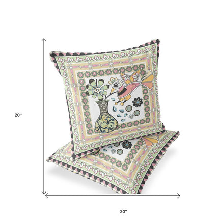 Set of Two White Pink And Light Green Peacock Indoor Outdoor Throw Pillow