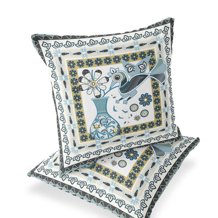 Set of Two White Yellow Black And Light Blue Peacock Indoor Outdoor Throw Pillow