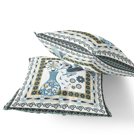Set of Two White Yellow Black And Light Blue Peacock Indoor Outdoor Throw Pillow