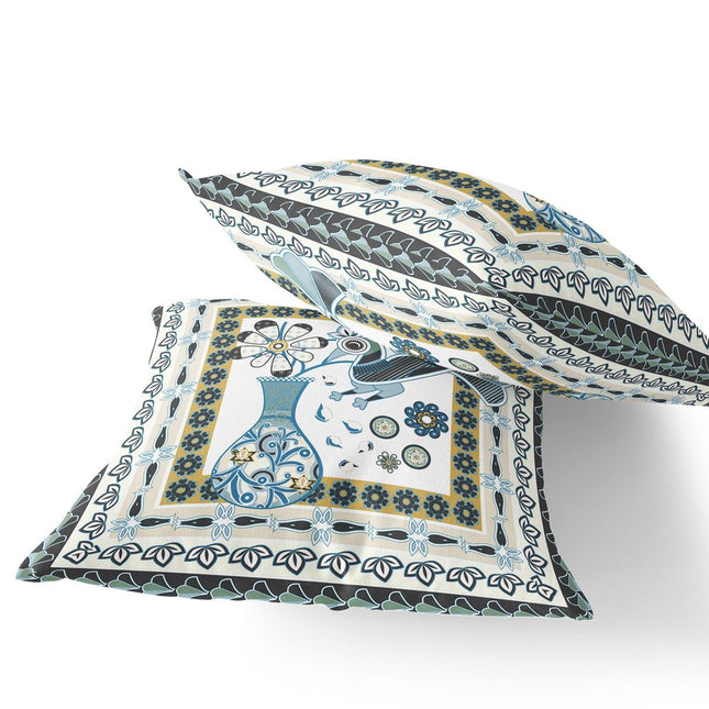 Set of Two White Yellow Black And Light Blue Peacock Indoor Outdoor Throw Pillow